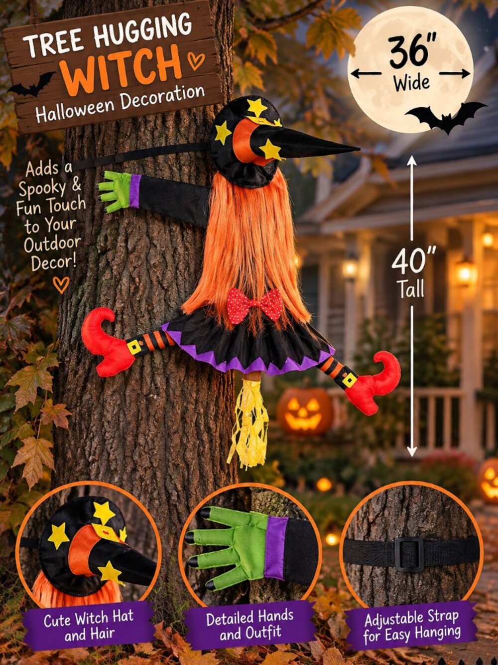 Halloween Tree Hugger Witch Outdoor Yard Decoration 40" Hanging Decor